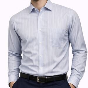 JOHNSTON & MURPHY Dress Shirt XL Contrast Flip Cuff Neck Blue White Striped L/S